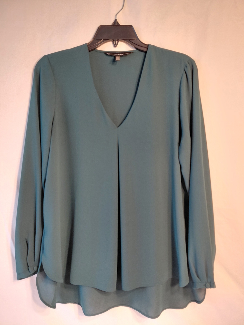 White House Black Market Dark Green V-Neck Pleated Long Sleeve Blouse